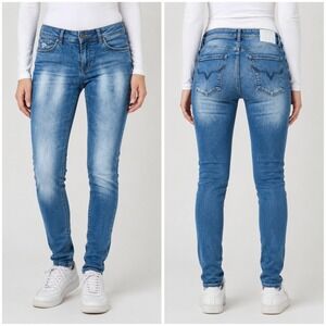 Pepe Jeans Seventy3 Blue Denim Slim Jeans Womens 31 Medium Wash Embroidered